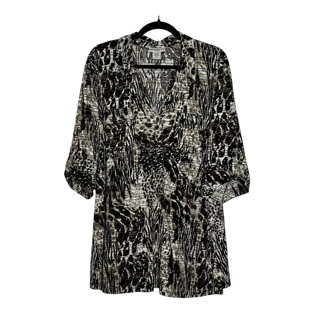 Rebecca Malone Woman Animal Print Tunic Top 2X Black Brown Split Neck Tab Sleeve